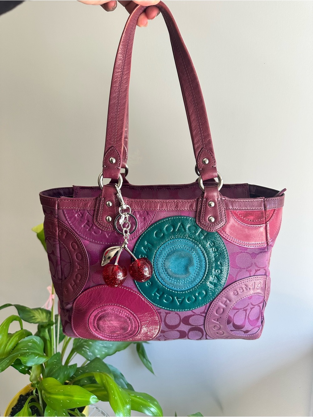 Vintage Coach circle mosaic patch work east west tote bag